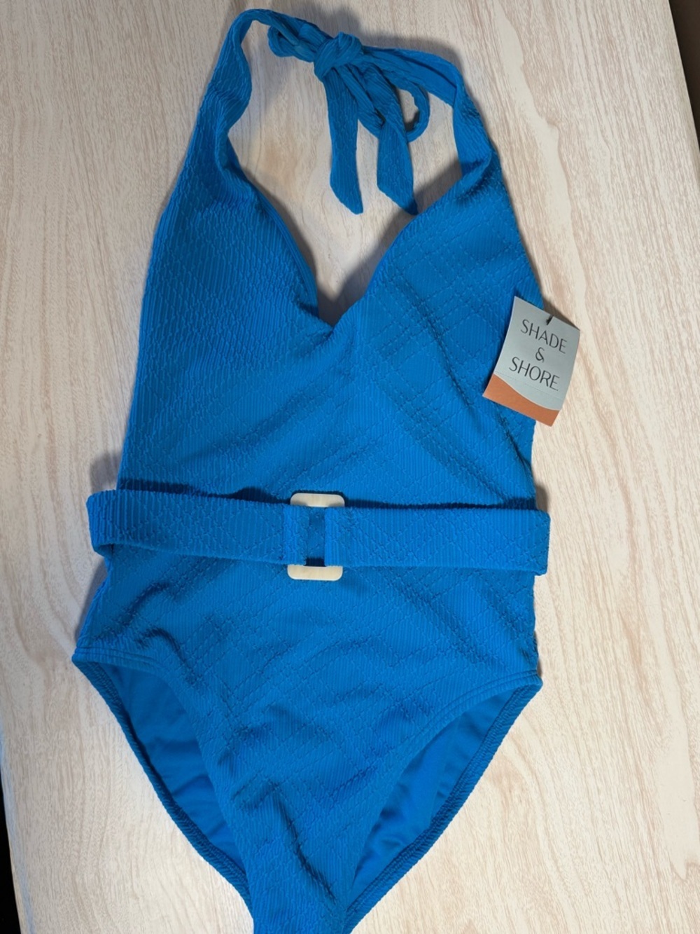 Shade & Shore Bright Blue Halter One-Piece Swimsuit with Belt - Picture 1 of 6